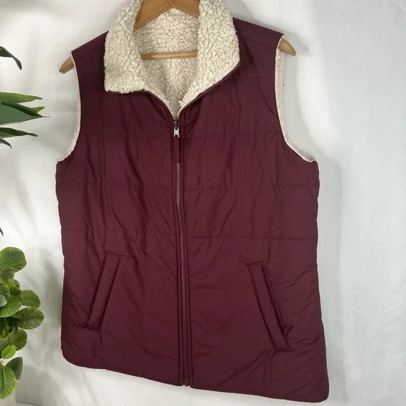 The North Face Womens Tamburello Reversible Vest Burgundy Sherpa Lined Large - Picture 3 of 9